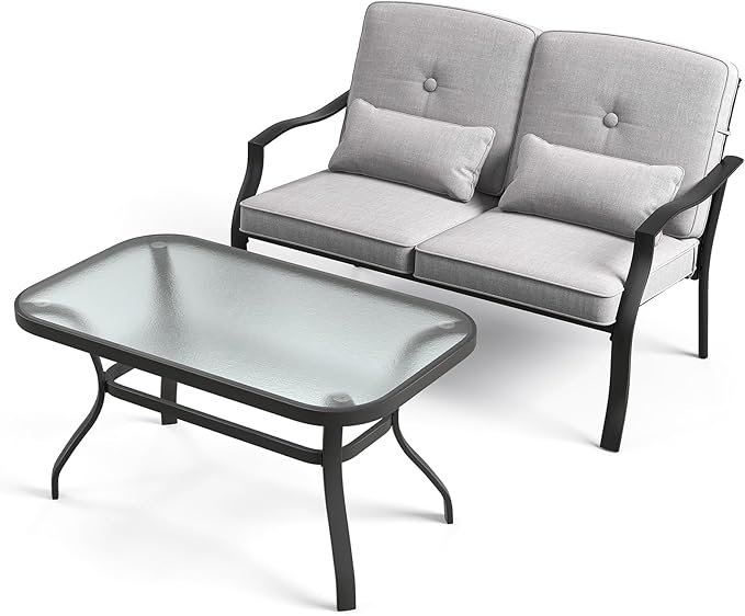Tangkula 2 Piece Patio Furniture Set, Outdoor Loveseat Chair Set with Seat Back Cushions & Waist Pillows, Tempered Glass Coffee Table, Heavy-Duty Metal Sofa Set for Yard Garden Balcony Poolside