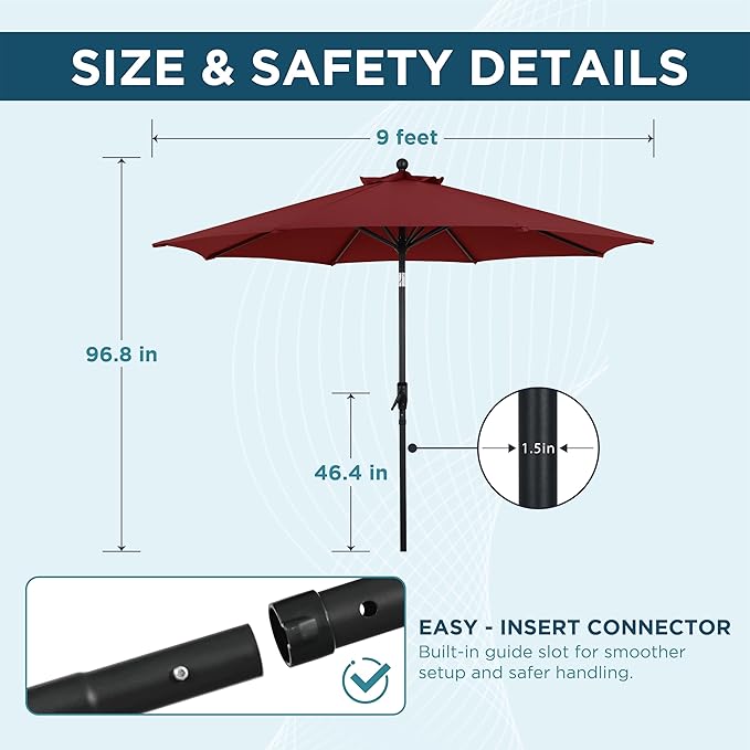 9FT Outdoor Patio Umbrella with Crank Lift & Auto Tilt - Market Umbrella, 8 Heavy-Duty Ribs, UV Resistant & Water-Repellent for Garden, Deck, Poolside & Backyard