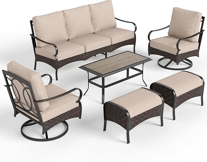 PHI VILLA Outdoor Modern Patio Furniture Set, Upgraded Wicker & Metal Patio Conversation Set with Waterproof Thick Cushions for Porch, Poolside, Yard(6 Pieces,Beige)