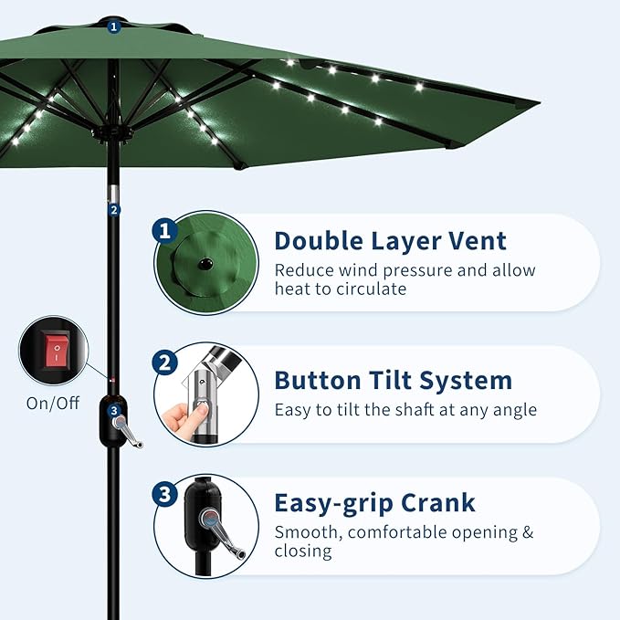 10 ft Patio Umbrella with Solar Lights, Outdoor LED Lighted Umbrella, 40 LED Lights & Tilt Crank, 8 Ribs for Poolside, Deck, Backyard