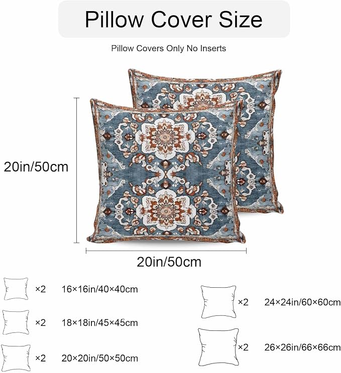 Blue Bohemian Waterproof Outdoor Pillow Covers Set of 2 Home Decor, Retro Pattern Oriental Farmhouse Ethnic Pillowcase Patio Pillow Covers for Couch Bench Furniture Garden 26x26in
