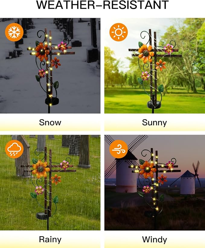 Putuo Decor Cross Outdoor Solar Garden Lights Decorative Metal Cross Garden Stake Light with LED Lights Waterproof for Yard Garden Pathway Remembrance Gifts, L087SN-0004383