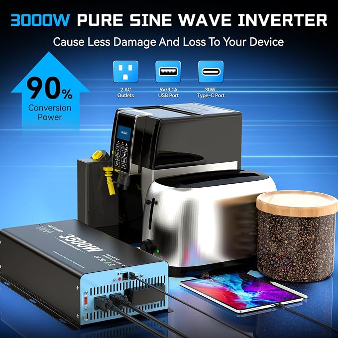 3500W Pure Sine Wave Power Inverter with Transfer Switch, 12V DC to 120V AC Converter, 7000W Peak, Auto Switch to Shore Power, Remote LCD Controller, USB & Type-C for RV, Truck, Off-Grid Heavy Duty