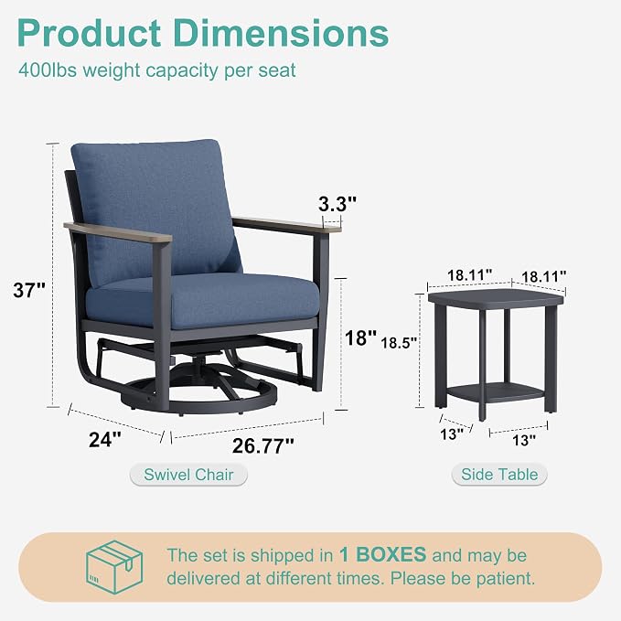 Aluminum Patio Swivel Rocking Chair Outdoor Bistro Set, 3PCS Patio Conversation Set Outdoor Patio Furniture Set with High Backrest & Thickened Cushions for Garden, Deck and Balcony, Navy Blue