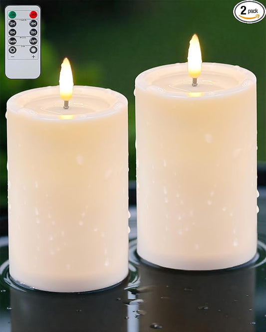 Gmnee 3"x4" Outdoor Waterproof Flameless Candles with Remote and Timers, LED Candles, Battery Operated Candles, Electric Fake Pillar Candles for Patio, Porch, and Lanterns Decor (Ivory, Plastic)