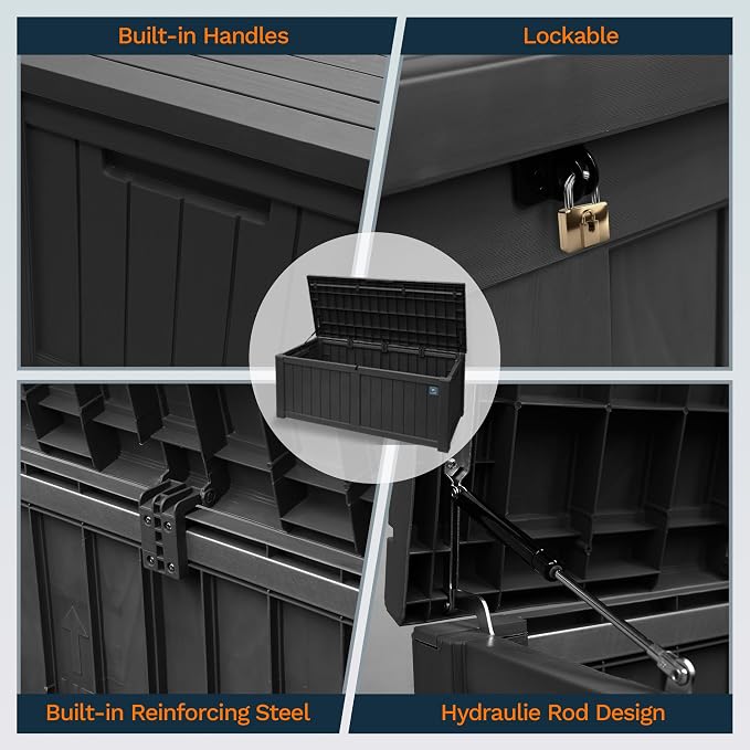 120 Gallon Outdoor Storage Box, Durable Deck Boxes Outdoor, Large Resin Waterproof Deck Box for Patio Furniture Outdoor Cushions Garden Tools and Pool Storage (Black, 120 Gallon)
