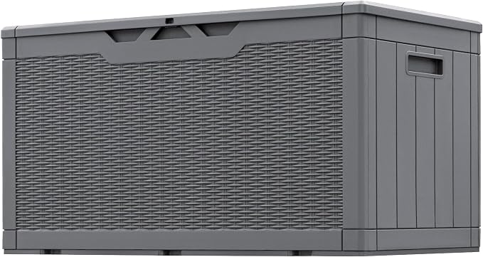 Greesum 100 Gallon Resin Patio Storage Box for Garden Tools, Outdoor Furniture Cushions, Pool Supplies, Gray