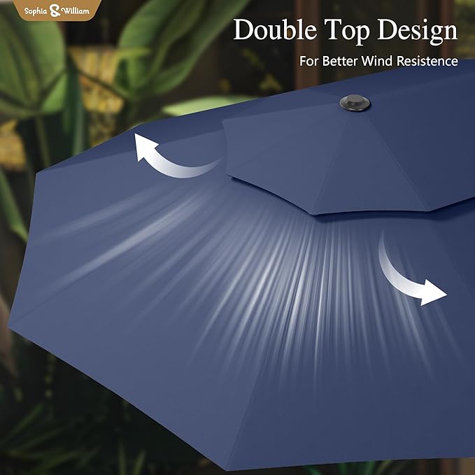 Sophia & William 15ft Extra Large Patio Umbrella with Base Included, 2-Tier Double-Sided Rectangle Outdoor Umbrella with Stand, Market Umbrella for Pool Garden Backyard, Navy Blue
