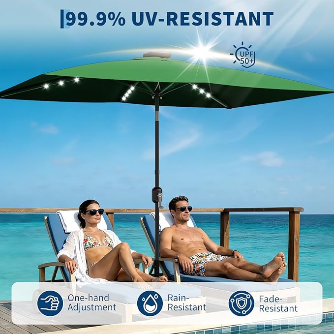 Garvee 10' x 6.5' Solar Rectangular Patio Umbrella with Lights, Outdoor Table Umbrella with Crank and Push Button Tilt, Market Umbrella with 6 Sturdy Ribs Tilt for Garden, Deck, Lawn, Pool