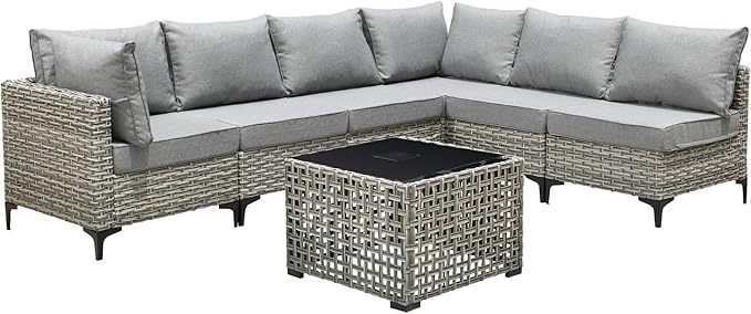 Outdoor Patio Furniture Sets,7 PCS Patio Conversation Set Outside Rattan Sectional Sofa with Coffee Table Fit Backyard Porch Garden Poolside Balcony