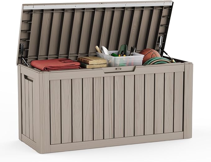 LAUSAINT HOME 90 Gallon Resin Deck Box, Package Delivery Box with Lockable Lid, Waterproof Outdoor Storage Box For Garden Tools, Patio Cushions(90 Gallon,Grey)