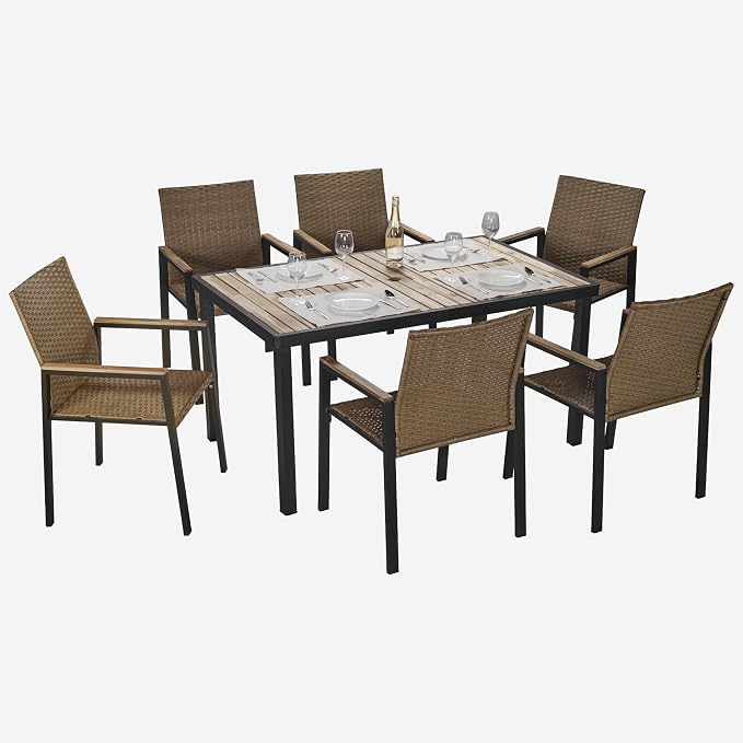 BEEFURNI Wicker Patio Furniture Dining Set, Outdoor Patio Table and Chairs Set, Rattan Outdoor Furniture Set, Acacia Wood Table, Chairs, Weather Proof Set for Porch, Backyard (Brown)