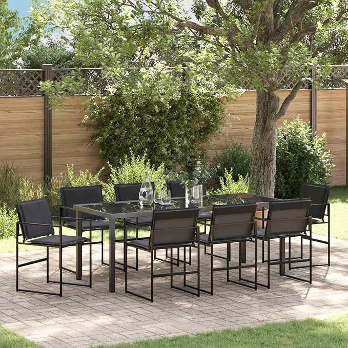 9 Piece Outdoor Dining Set for 8, Modern Patio Furniture with Tempered Glass Table and Textilene Chairs, Black