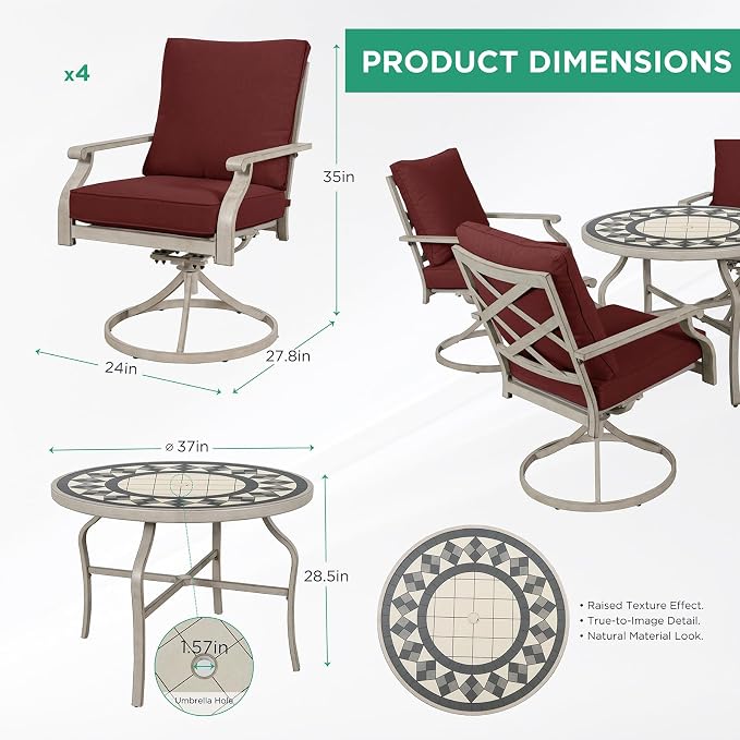5-Piece Patio Dining Set, 4 Swivel Chairs with Removable Thickened Cushions & a 3D Textured Table with Umbrella Hole, All-Weather Furniture for Backyard, Garden, Lawn, Red