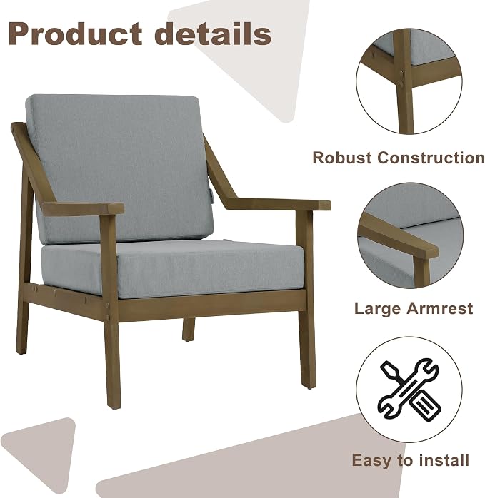 Outdoor Patio Furniture Set, 2 Piece Outdoor Patio Sofa Armchairs with Washable Thick Cushions, All-Weather Solid Wood Patio Bistro Set for Porch, Balcony, Natural Frame & Gray Cushion
