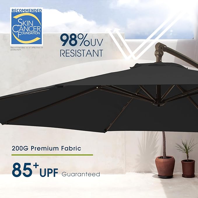 wikiwiki 10ft Patio Umbrellas Offset Outdoor Umbrella Cantilever Hanging Umbrellas w/Infinite Tilt, Fade Resistant Waterproof RECYCLED FABRIC Canopy & Cross Base, for Yard, Garden & Deck, Carbon