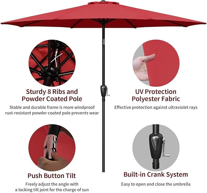 Simple Deluxe Patio Umbrella Outdoor, UV Protection Sunshade with Push Button Tilt/Crank and 8 Sturdy Ribs, for Table Garden Lawn Beach Pool