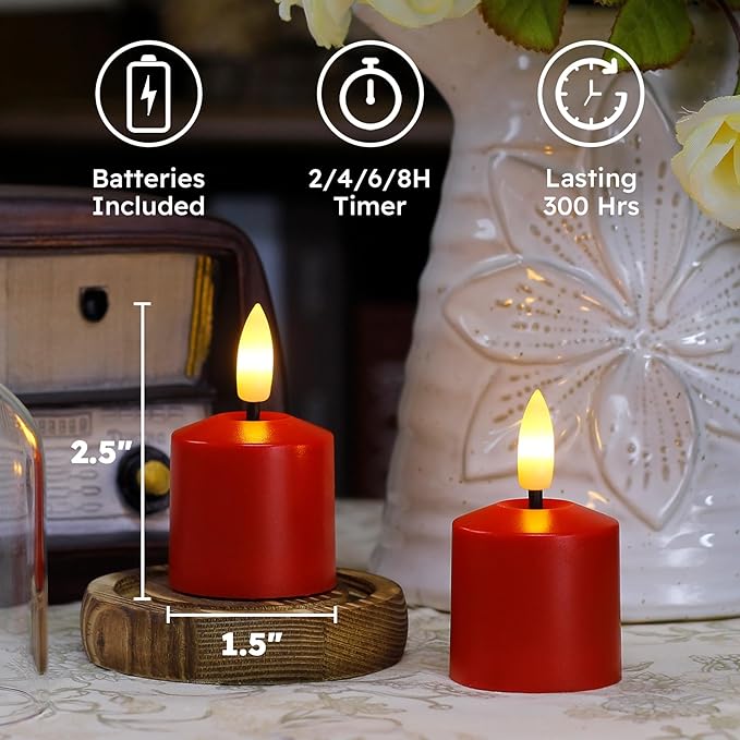 Small Flickering Tea Light Flameless Candles with Battery and Remote,1.5" x2.5" Red LED 2/4/6/8H Timer Votive Battery Operated Pillar Plastic Long Lasting 6pcs Tealight Candles