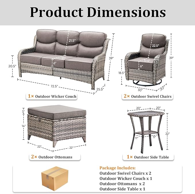 Luxury High Back Patio Furniture Set with 6-Inch Thick Cushions, 6-Pieces Outdoor Furniture with Swivel Chairs and Side Table, Wicker Conversation Set for Porch, Balcony, Deck and Yard, Grey
