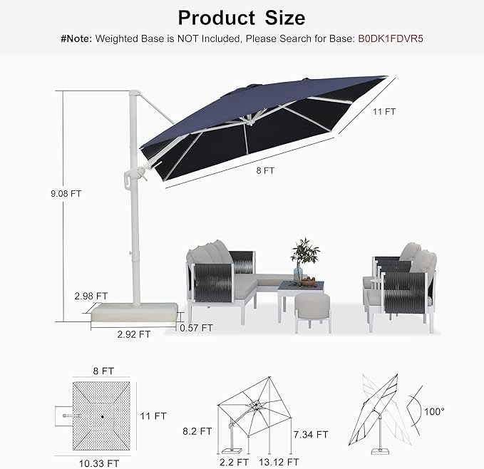PURPLE LEAF 8' X 11.5' Right-left Tilt White Cantilever Umbrella with Base Patio Outdoor Swivel Umbrellas with Aluminum Tilt Offset Umbrella with 360° Rotation for Deck Pool, Navy Blue