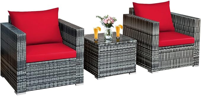 3 PC Patio Rattan Furniture Bistro Set Cushioned Sofa Chair Table Red