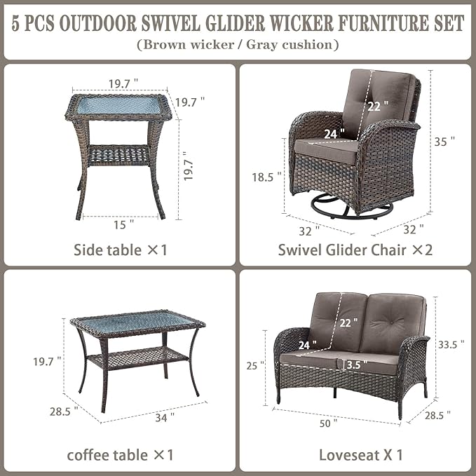 Belord 5 Piece Wicker Patio Furniture Set - Outdoor Conversation Sets with Deep Seating Swivel Rocker Chairs Loveseat and Rattan Coffee Table for Deck Backyard, Brown Wicker/Grey Cushion
