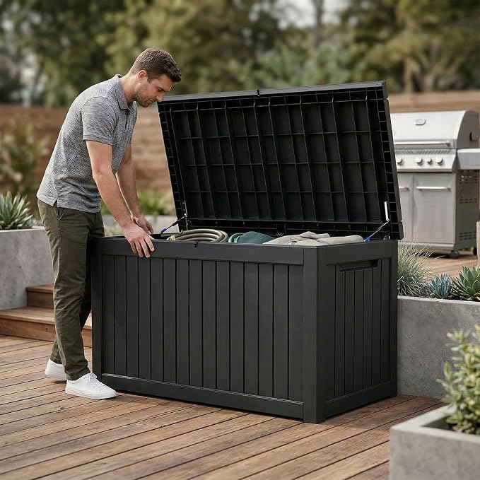 Vixzen 280 Gallon Large Outdoor Storage Box Waterproof, Resin Deck Box with Hydraulic Rod & Lockable Latch for Patio Furniture, Black