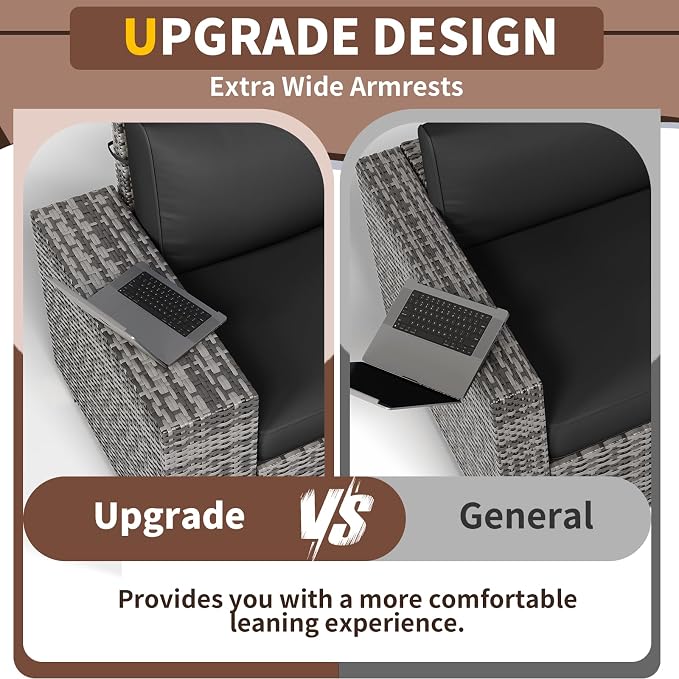 Outdoor Patio Furniture Set, 8‘’ Wide armrest Outdoor Sectional Rattan Sofa Set, Wicker Patio Furniture Sets w/Coffee Table,Thick Cushions for and Cover for Porch, Deck,8 PCS(Grey&Black)