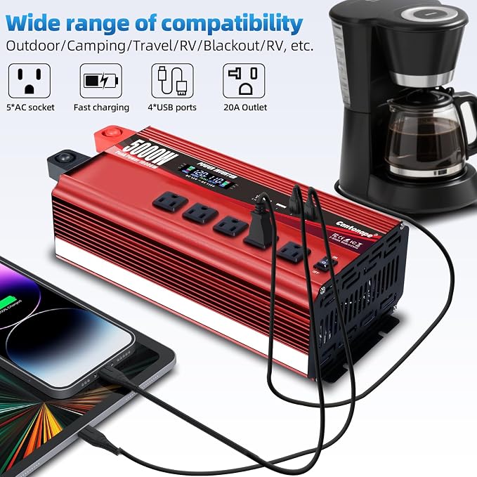 Cantonape 5000W Power Inverter 12V to 110V/120V DC to AC with LCD Display, Remote Controller 5 x AC Outlets and 4 x 3.1A USB Car Adapter for Car Truck Boat RV Solar System