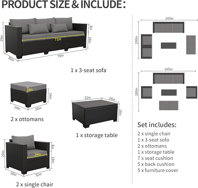Rattaner Patio Wicker Furniture Set 6 Pieces Outdoor HDPE Wicker Conversation Couch Sectional Chair Sofa Set with Grey Cushions