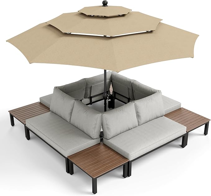 PHI VILLA Outdoor Sectional Furniture Set,8 Pieces Metal Patio Sectional Couch Set,Modern Patio Conversation Sets with Umbrella,Coffee Table,Thickened Cushion,for Poolside and Backyard,Light Grey