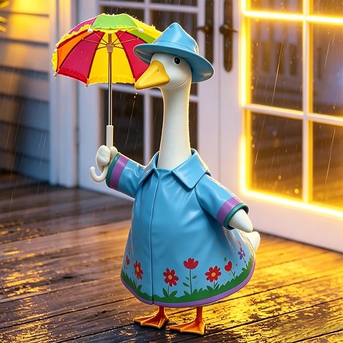 3 Pcs/Set Floral Raincoat Porch Goose Outfits: Blue Lawn Goose Statue Rain Coat Costume with Umbrella Hat - Summer Yard Goose Clothes for 23 Inch Goose Statue - Patio Garden Porch Lawn Outdoor Decor