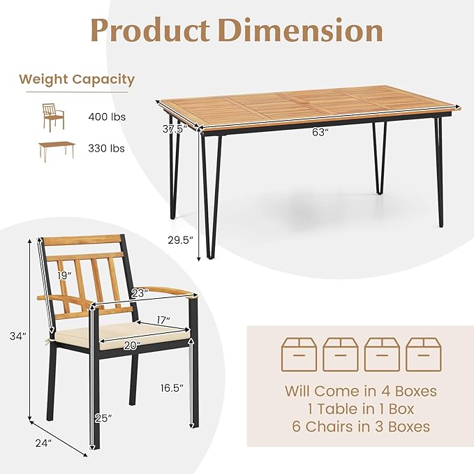 Tangkula 7 Pieces Patio Dining Set with Acacia Wood Dining Table & Armchairs, Soft Cushions, 2” Umbrella Hole, Outdoor Dining Furniture Set for Porch, Backyard, Garden, Poolside
