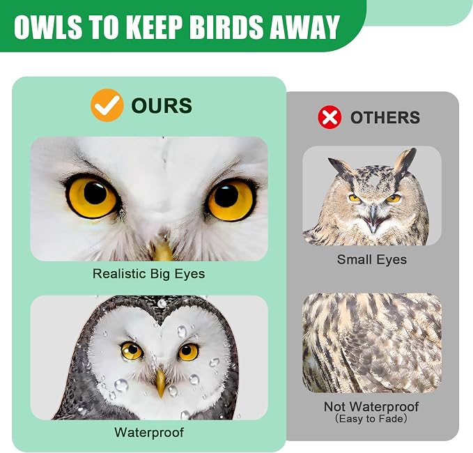 Owls to Keep Birds Away: 2Pcs Fake Owl with Reflective Tape for Orchard Garden Patio Pool, Reflective Hanging Decoration to Keep Birds Pigeon from Windows Tree Vineyard