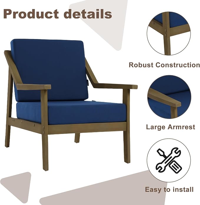 Outdoor Patio Furniture Set, 2 Piece Outdoor Patio Sofa Armchairs with Washable Thick Cushions, All-Weather Solid Wood Patio Bistro Set for Porch, Balcony, Natural Frame & Navy Cushion