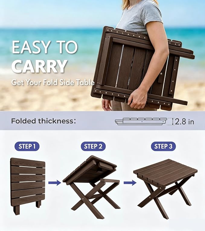PASAMIC Folding Outdoor Side Table, HDPE Outdoor End Table, All-Weather Patio Table with 17.7" Wide Tabletop, No Assembly, for Porch, Deck, Poolside, Brown