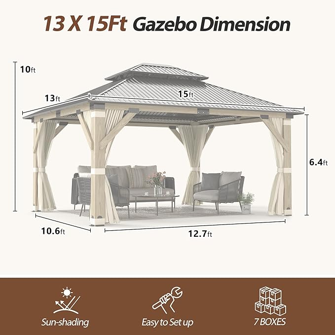 13'x15' Wood Gazebo,Outdoor Hardtop Gazebo with Galvanized Steel Double Roof, Wooden Frame Gazebos with Netting and Curtains for Patio Backyard Deck
