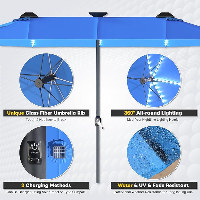 AECOJOY 15ft Double-Sided Patio Umbrella with Solar Lights, Outdoor Rectangle Market Large Patio Umbrella with Base Include|Crank Handle|156 PCS LED Lights for Garden Pool in Dark Blue(1.9" Pole)