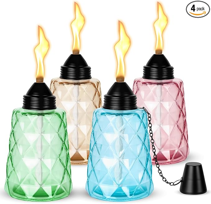 4-Pack Glass Tabletop Torches Outdoor, 12 oz Citronella Torches Canisters with Wick & Cap, for Patio, Backyard, Garden, Parties, Outside Deck (Multicolor)