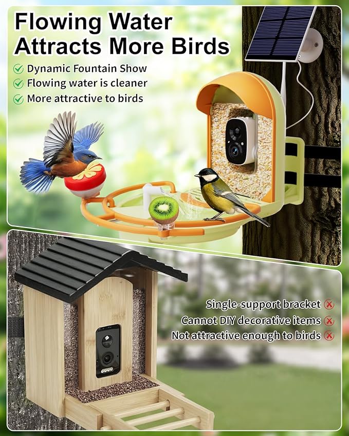 Bird Feeder with Camera, 2K HD Birds Camera with Solar Water Fountain, Smart BirdCamera with APP Control, Night Vision, Motion Detection Alerts, IP66 Birdfeeder for Backyard Garden