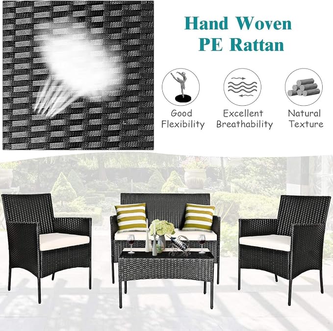COSTZON HOMGX 4 Pieces Patio Furniture Set, Rattan Wicker Conversation Set w/Tempered Glass Top Table & 3 Cushioned Porch Chairs, Outdoor Wicker Sofa Set for Backyard, Garden, Poolside (Beige)