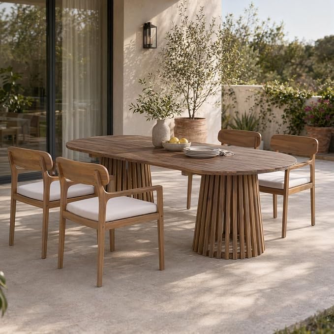Christopher Knight Home Zoa Acacia Wood Dining Set for 4, Outdoor Dining Table with Dual Slatted Pedestal Bases, Outdoor Dining Chairs with Cushions, 5 Piece Patio Dinner Set, Beige/Light Teak/Brown