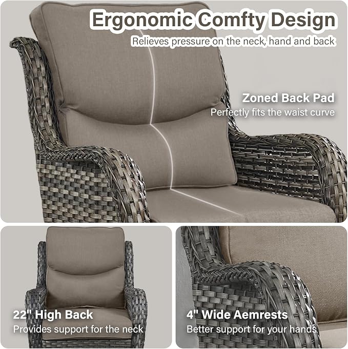Outdoor Swivel Rocker Patio Chairs Set of 4 with Ottoman Coffee Table - 5" Thick Cushion 8 Piece Furniture Set All Weather Comfortable Wicker Conversation Set for Porch Deck - Gray/Gray