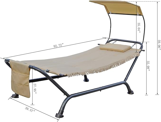 Kozyard Ailsa Outdoor Patio Hammock with Stand, Pillow, Storage Pockets (Beige Canvas and Black Frame)