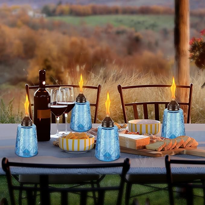 4-Pack Glass Table Top Torches - 12oz Refillable Citronella Torches Canisters for Outdoor, Includes Wick & Cap, Decorative Lanterns for Patio, Garden, Yard, Party, Landscape(Blue)