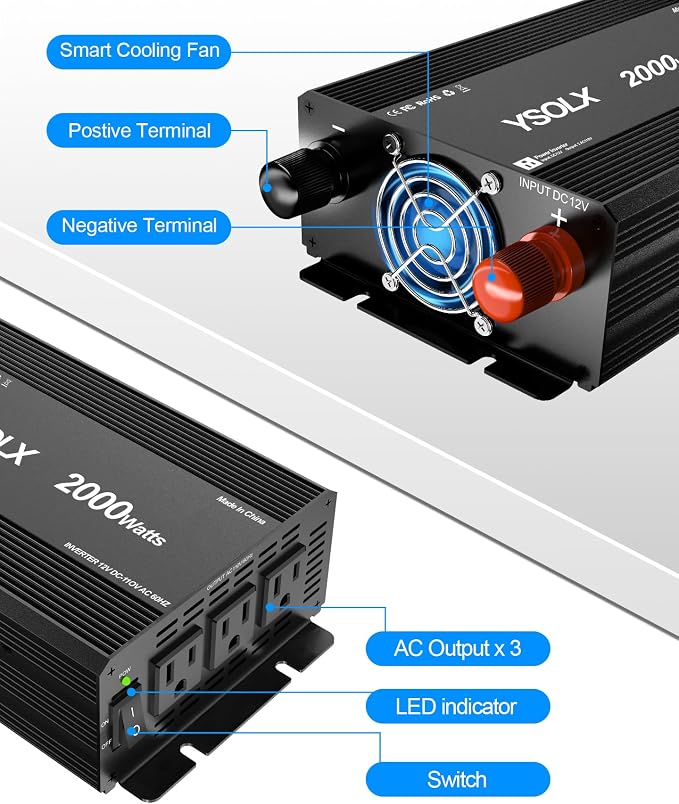 YSOLX 2000W Power Inverter 12V to 110V, DC to AC Inverter with 3 AC Outlets for RV Truck Camping, Home Emergency Use (4000W Peak)