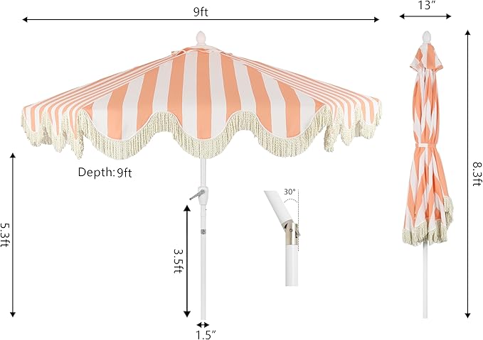 JONATHAN Y UMB1001 Collins 9 ft. Classic Cottage Tassel Market Patio Umbrella with Auto-Tilt, Crank, Wind Vent and UV Protection