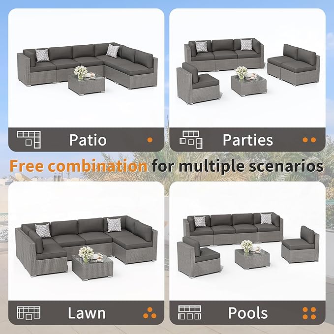 Oakcloud 8-Piece Outdoor Patio Furniture Sofa Set with 45” Propane Gas Fire Pit Table, Grey Rattan Wicker Sectional Conversation Sets with Glass Top Tables and Cushions(Grey, w/Fire Pit Table)