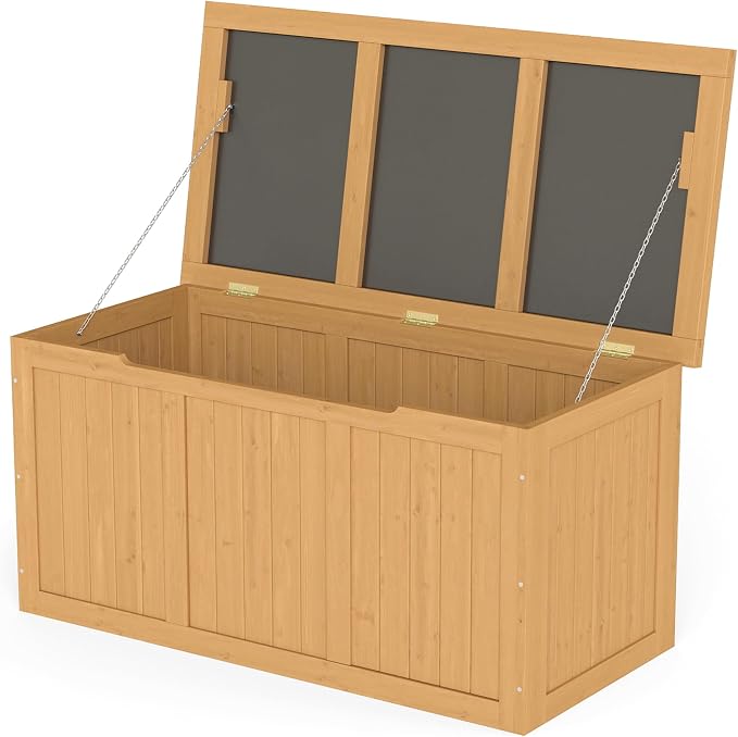 67 Gallon Outdoor Wooden Deck Box Solid Wood Storage Box Seat Table Top for Patio Furniture Cushions, Pool Toys Garden Tools
