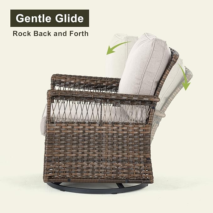 Outdoor Wicker Patio Furniture Set - 5 Piece Rattan Patio Conversation Sets with 2 Rocking Swivel Chairs,2 Ottomans and 1 Sofa for Porch Deck Garden(Brown/Beige)